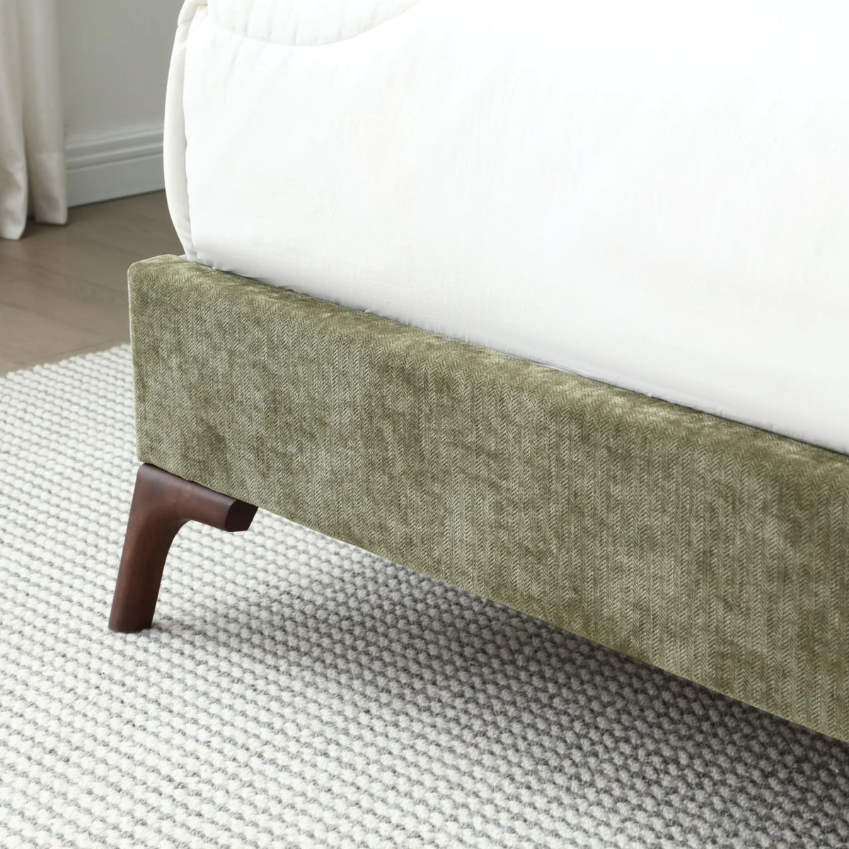 Denver Olive Chenille Bed –close-up of leg and fabric texture