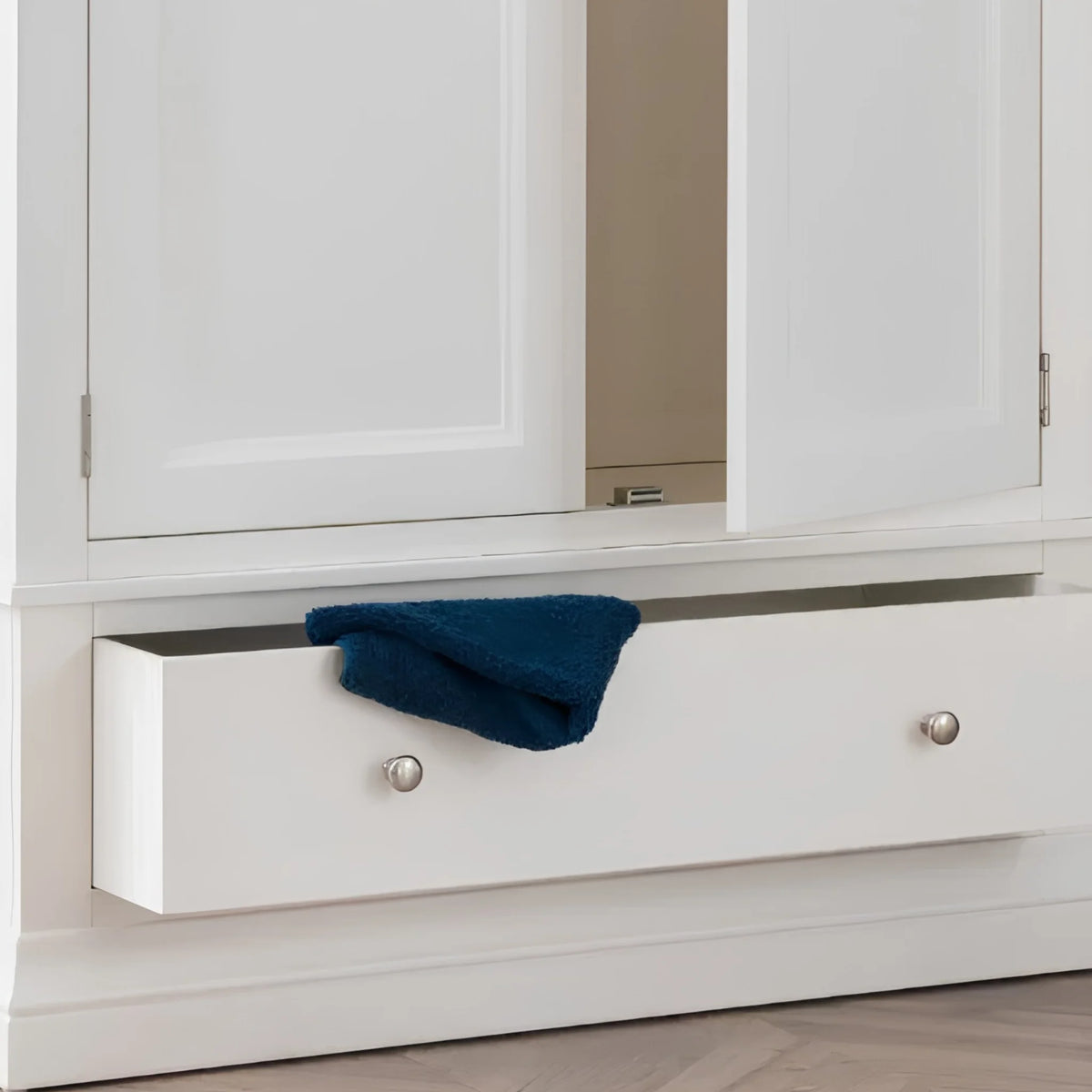Clermont White Wooden 2-Door Combination Wardrobe – open drawer detail close-up