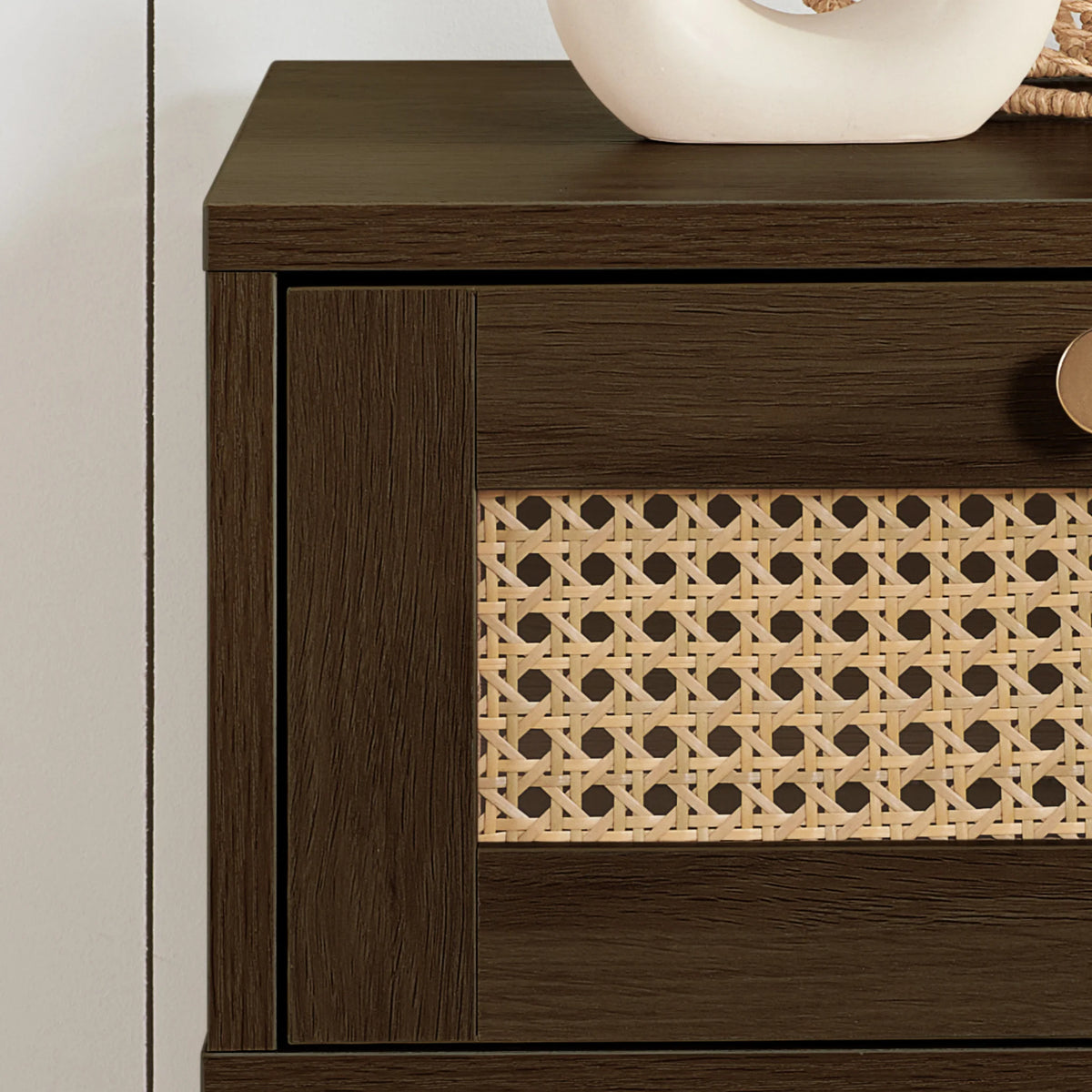 Croxley Walnut Rattan 1-Drawer Bedside Table – drawer detail close-up 