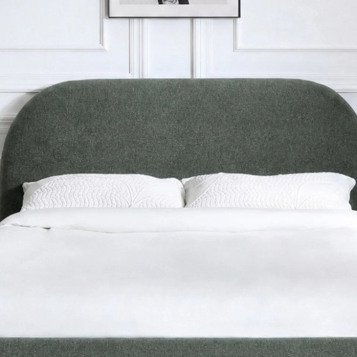 Nora Olive Bouclé Bed – headboard and pillows detail