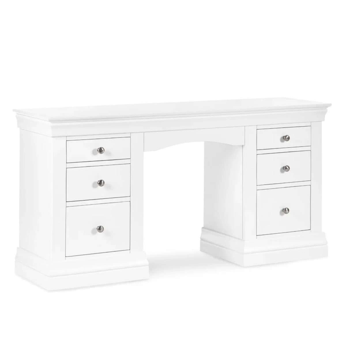 Clermont White Wooden 6-Drawer Dressing Table – front view with open drawers