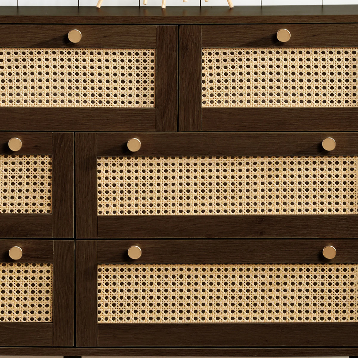 Croxley Walnut Rattan 7-Drawer Chest – rattan drawer detail close-up