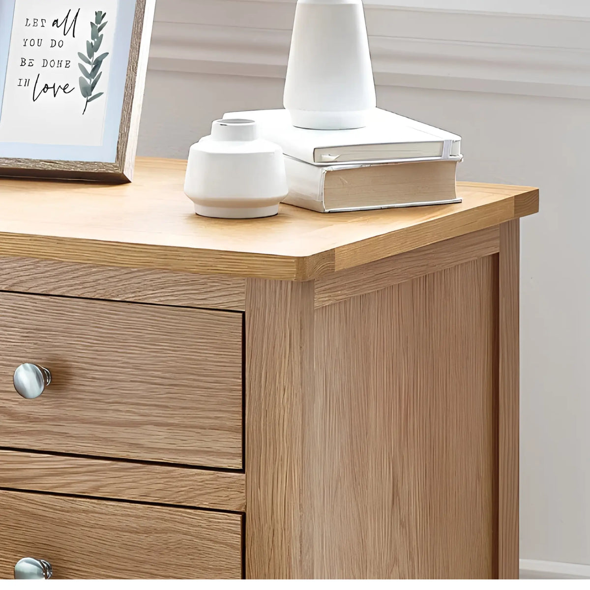 Mallory Oak 3-Drawer Bedside Chest – angled view