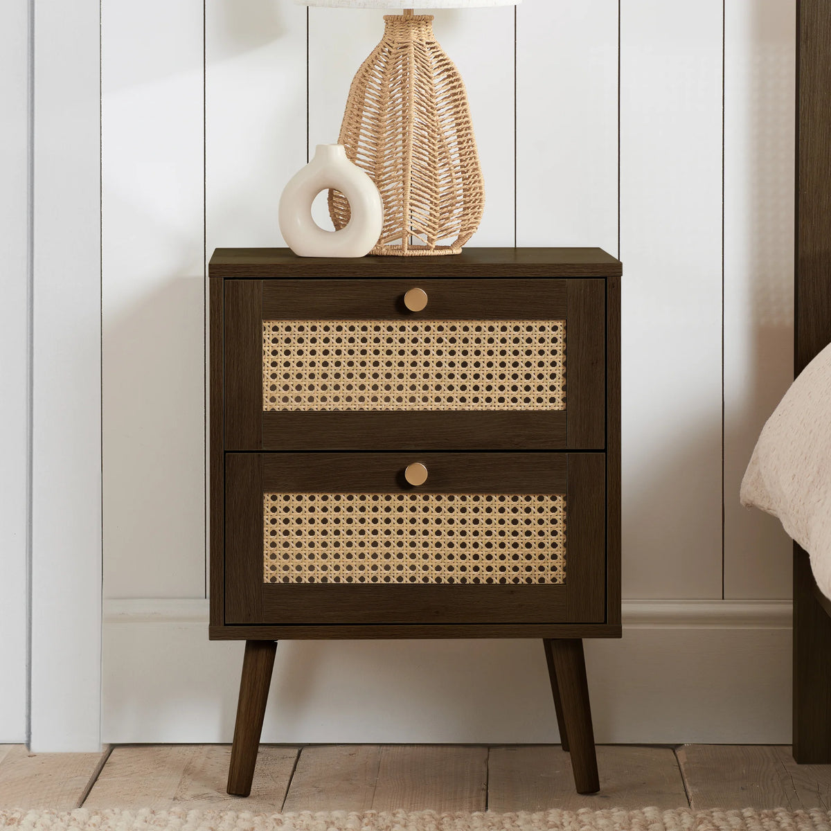 Croxley Walnut Rattan 2-Drawer Bedside Table – front view in room setting
