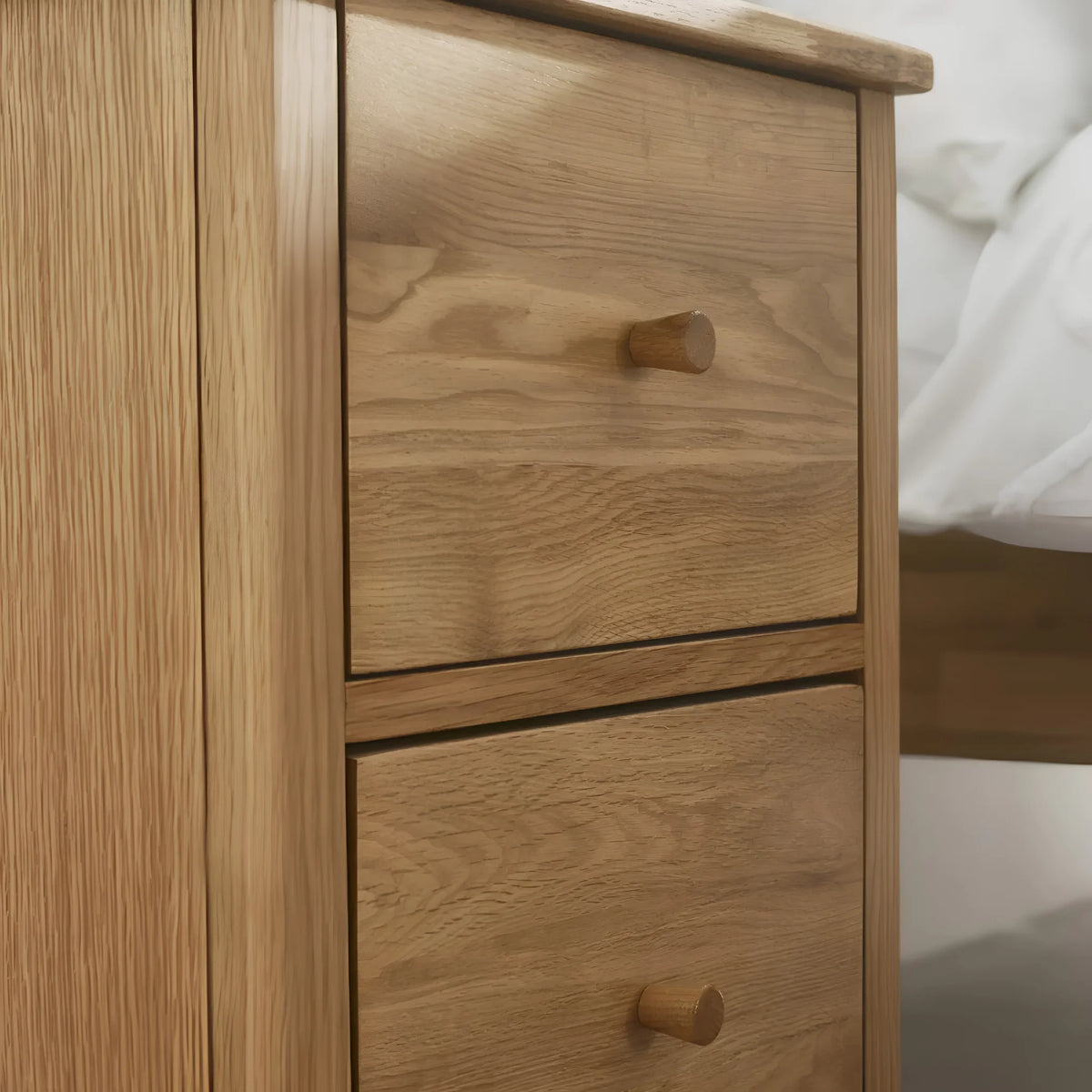 Coxmoor Oak 2-Drawer Bedside Chest – close-up of top drawer
