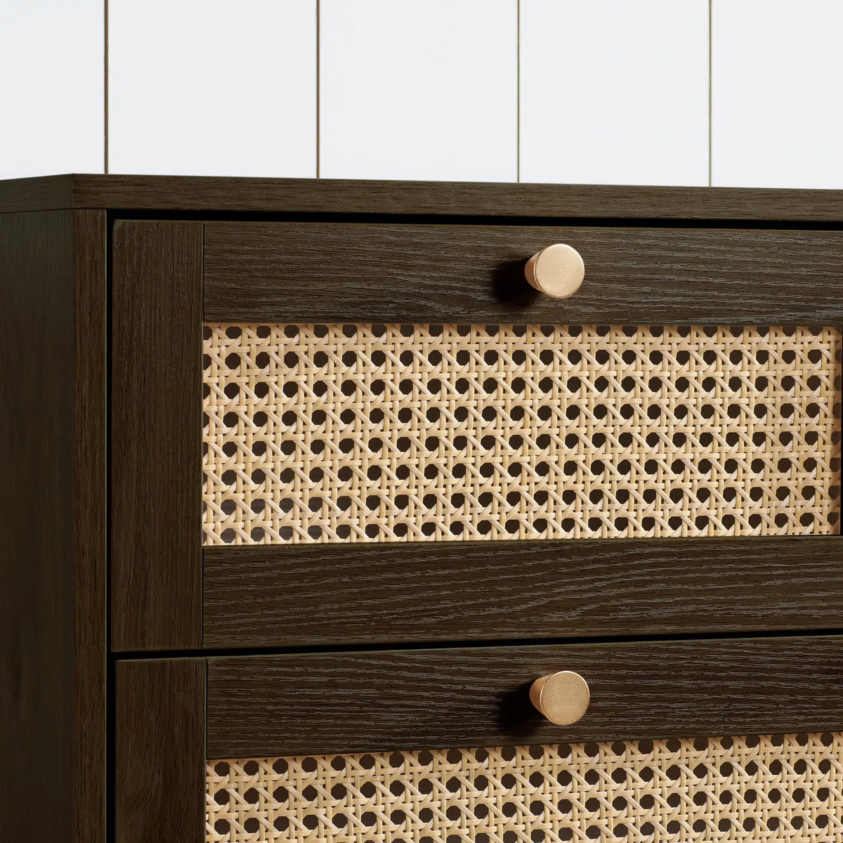 Croxley Walnut Rattan 5-Drawer Chest – top corner close-up showing upper drawers 