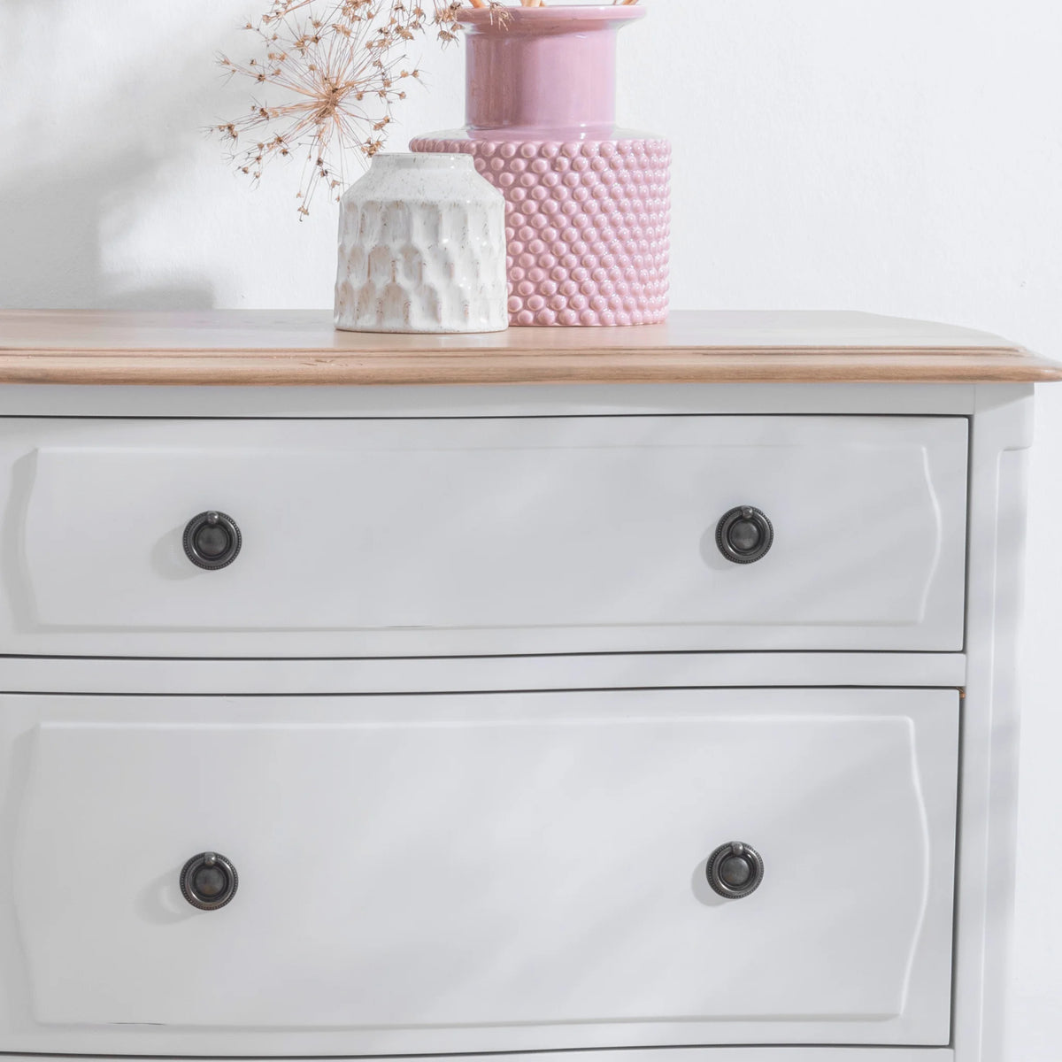 Amelie White Wooden 6-Drawer Chest – top surface and upper drawer detail close-up