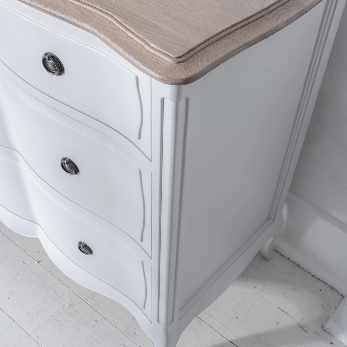 Amelie White Wooden 5-Drawer Chest – top corner and drawer detail