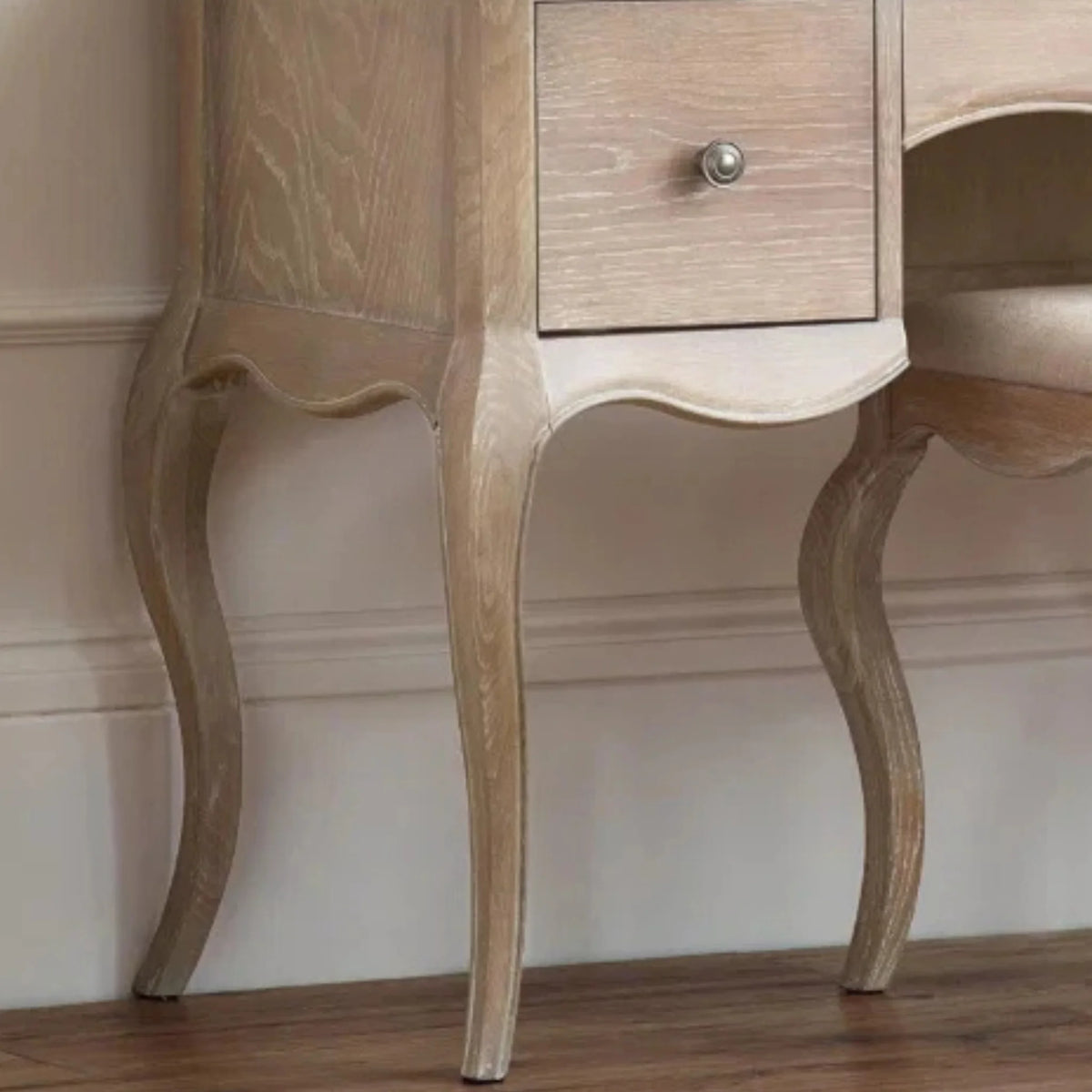 Camille Limed Oak 2-Drawer Dressing Table and Stool – leg and curve detail
