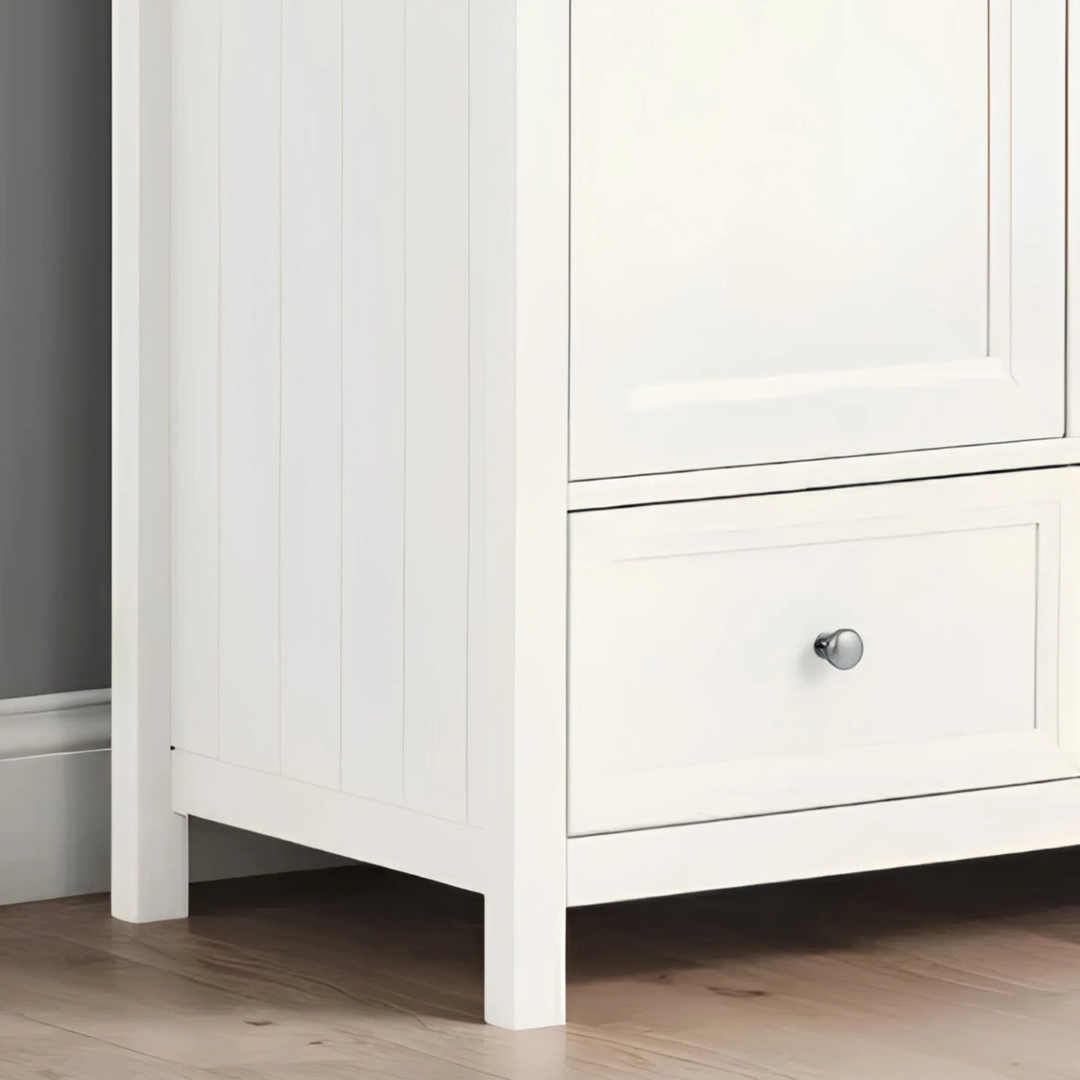 Maine White Wooden 3-Door Combination Wardrobe – bottom corner close-up 