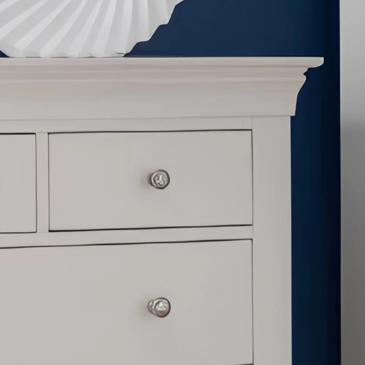 Clermont White Wooden 5-Drawer Chest – top corner and drawer detail close-up