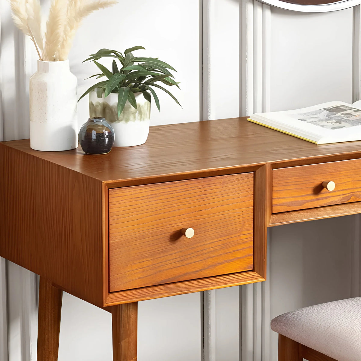 Lowry Cherry Ash 3-Drawer Dressing Table and Stool – drawer detail close-up