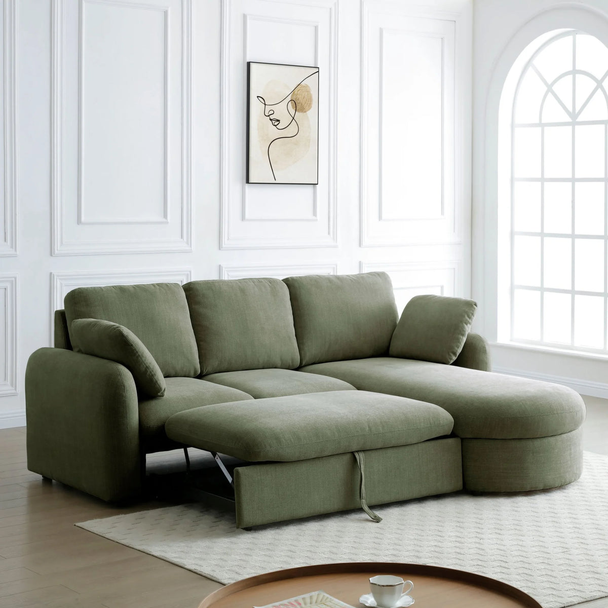 Mallory Olive Corner Sofa Bed – extended footstool feature