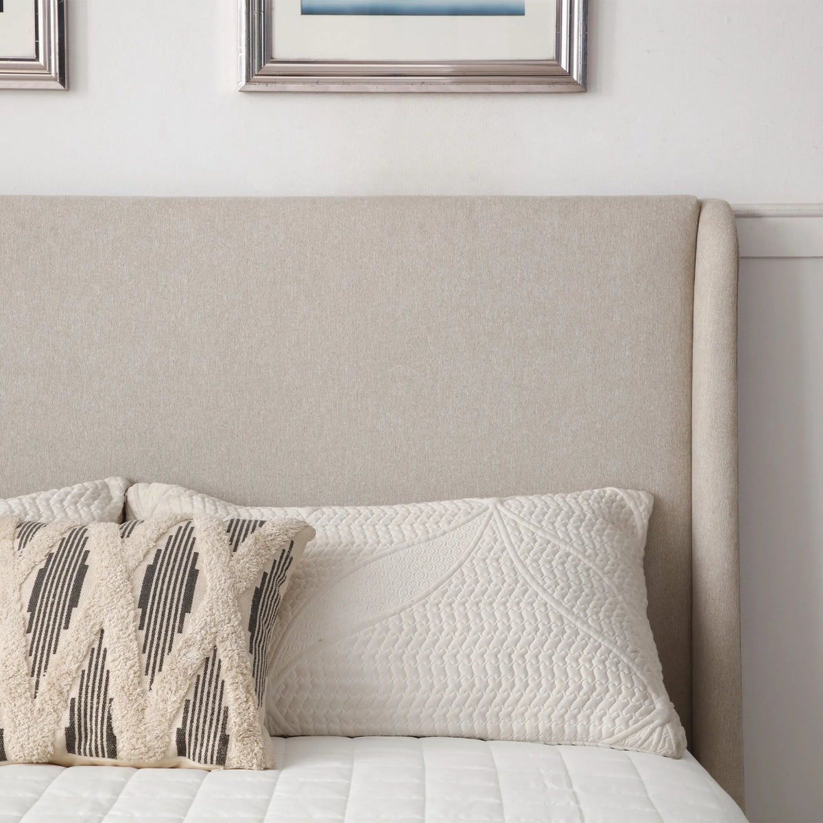 Denver Oatmeal Upholstered Ottoman Bed – detailed view of headboard
