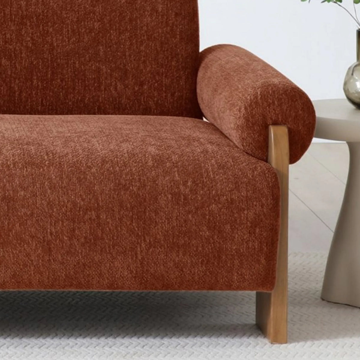 Mila Orange Chenille Sofa Bed – close-up of armrest and wooden leg detail