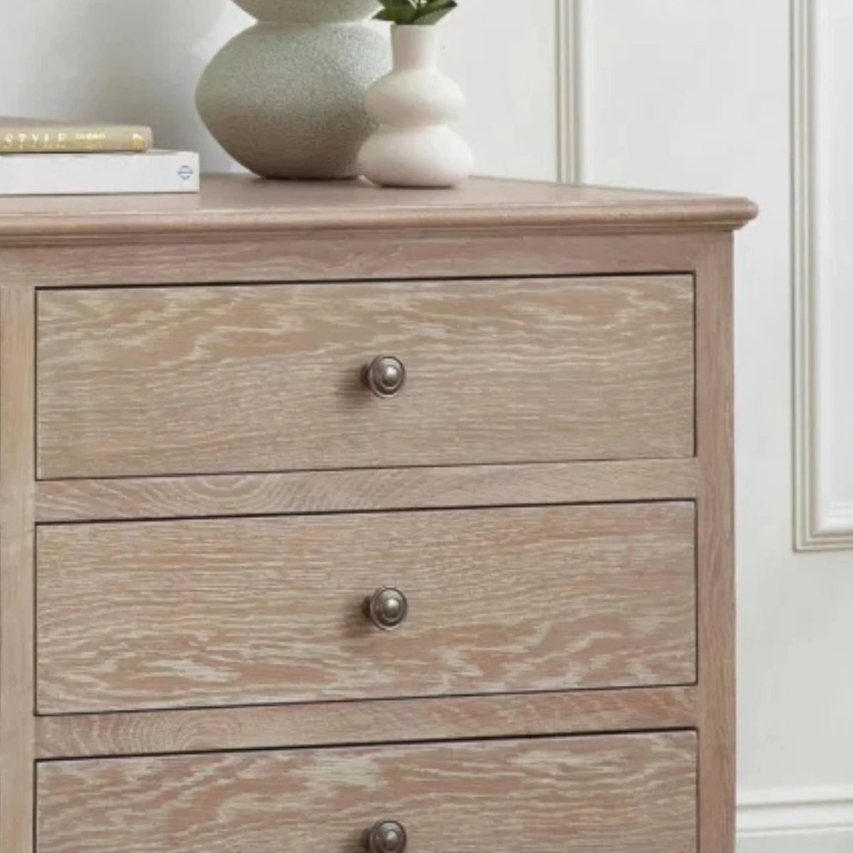 Camille Limed Oak 6-Drawer Chest – side view showing drawer detail