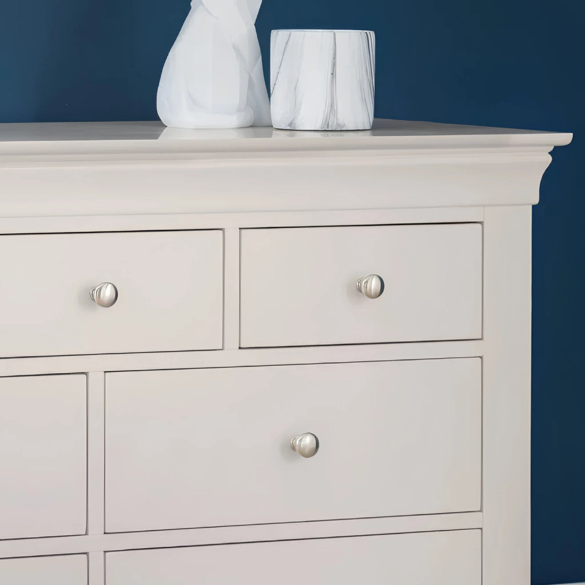 Clermont Grey Wooden 7-Drawer Chest – top corner and drawer detail close-up