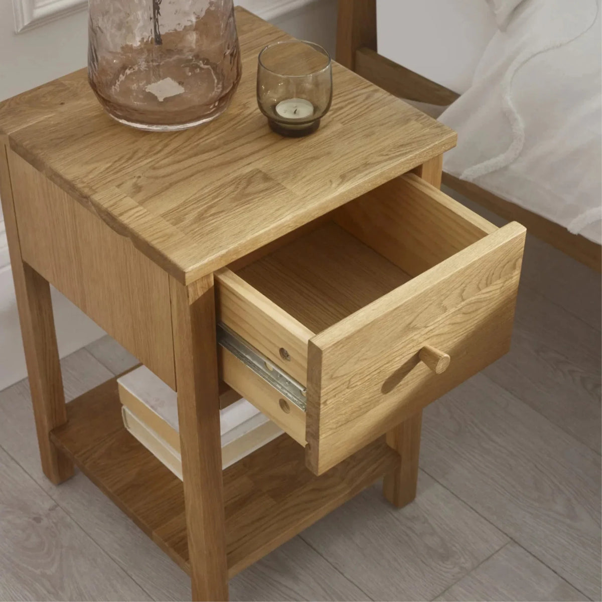Coxmoor Oak 1-Drawer Bedside Table – drawer open showing interior
