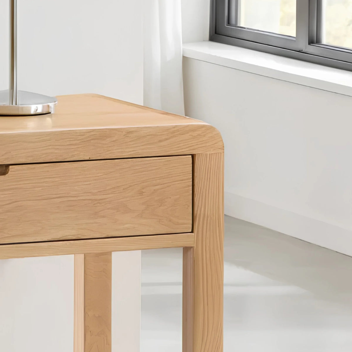 Curve Oak 2-Drawer Dressing Table and Stool – top corner detail close-up