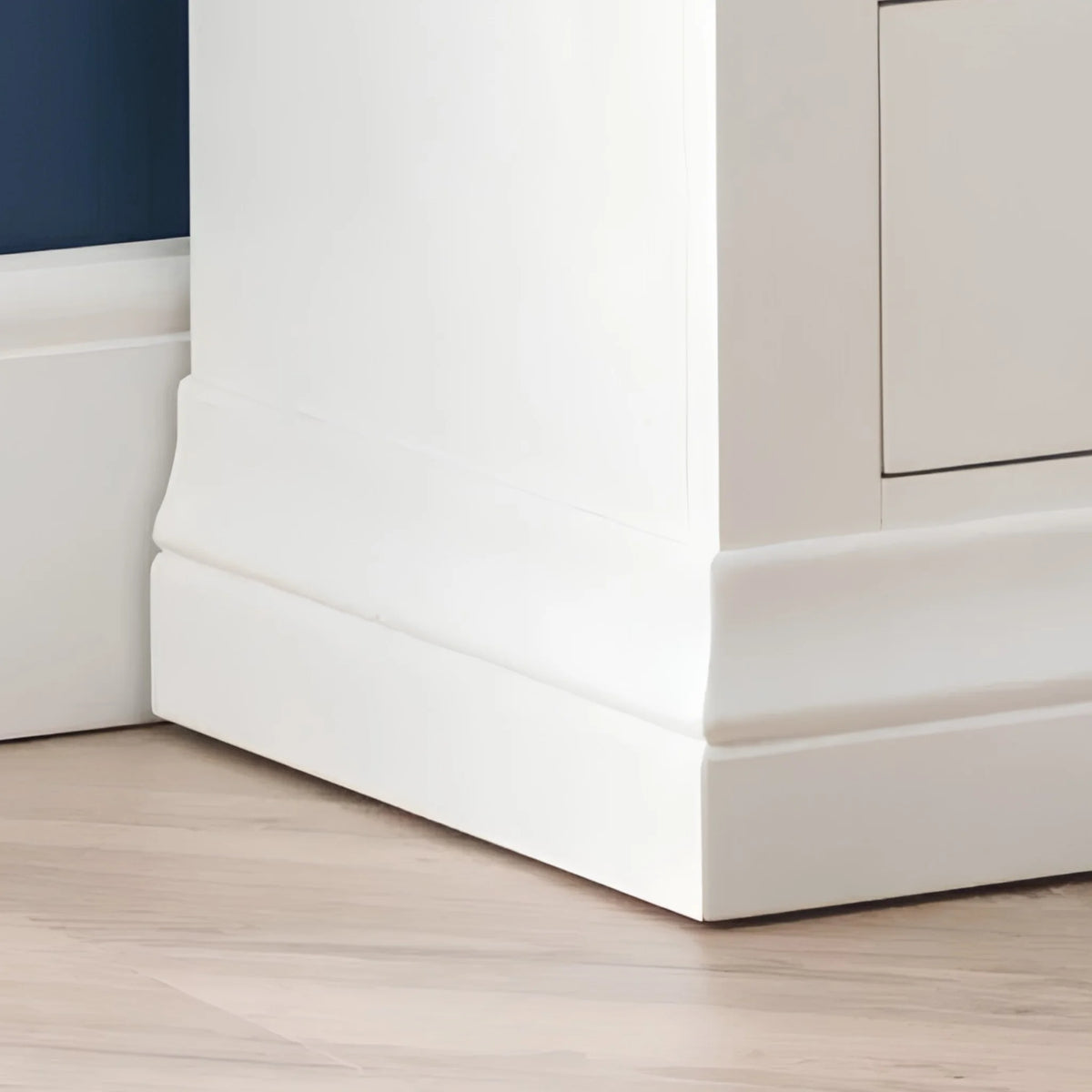 Clermont White Wooden 2-Drawer Bedside Chest – base and plinth detail close-up