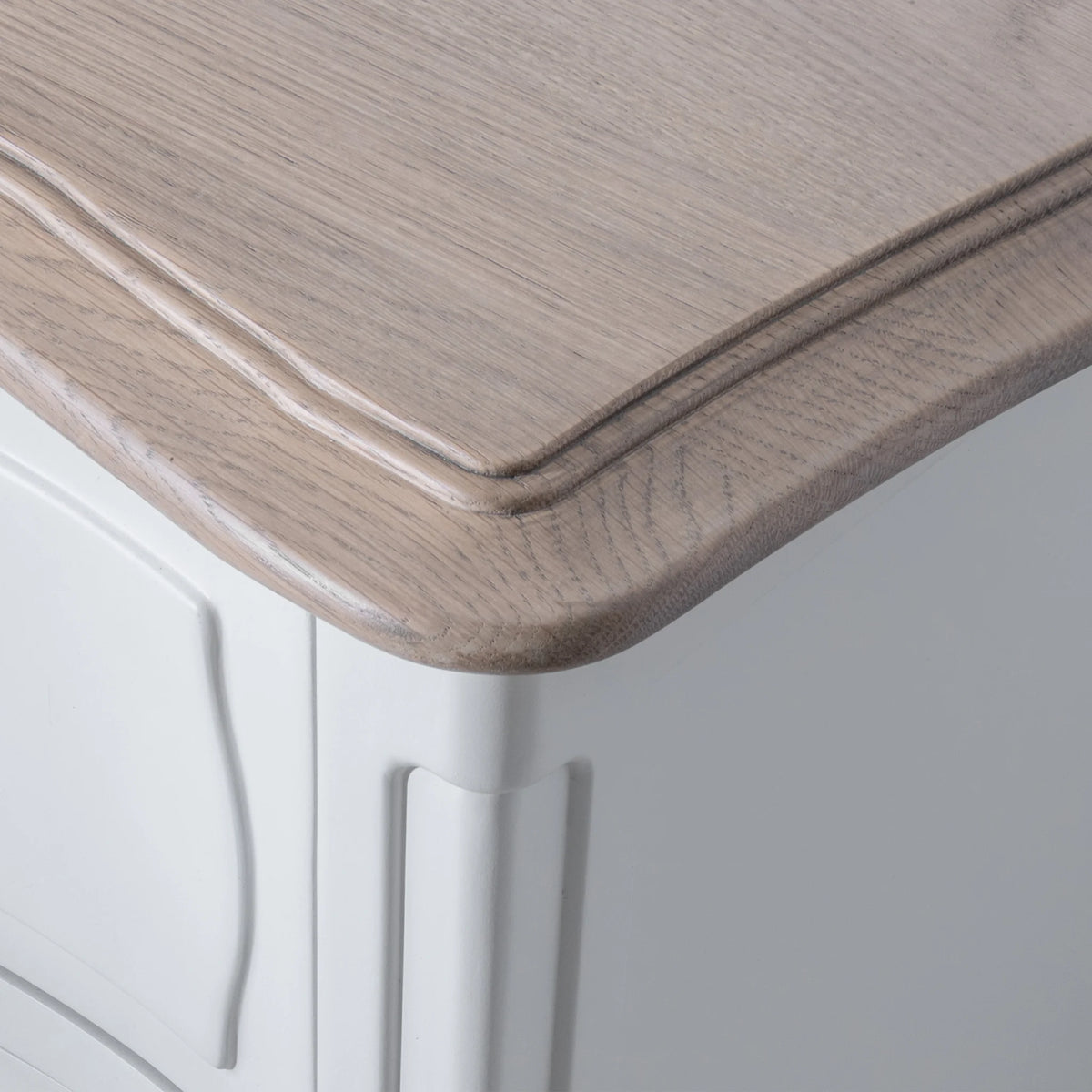 Amelie White Wooden 5-Drawer Chest – top corner close-up showing wooden top panel