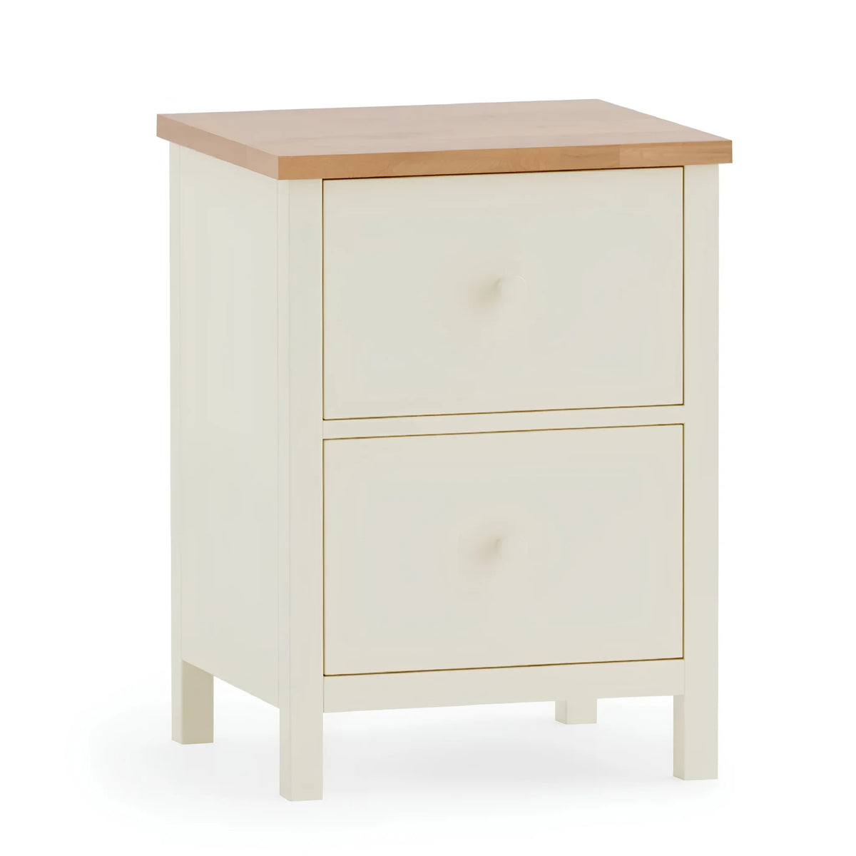 Coxmoor Ivory Wooden 2-Drawer Bedside Chest –  close-up showing edge and knob