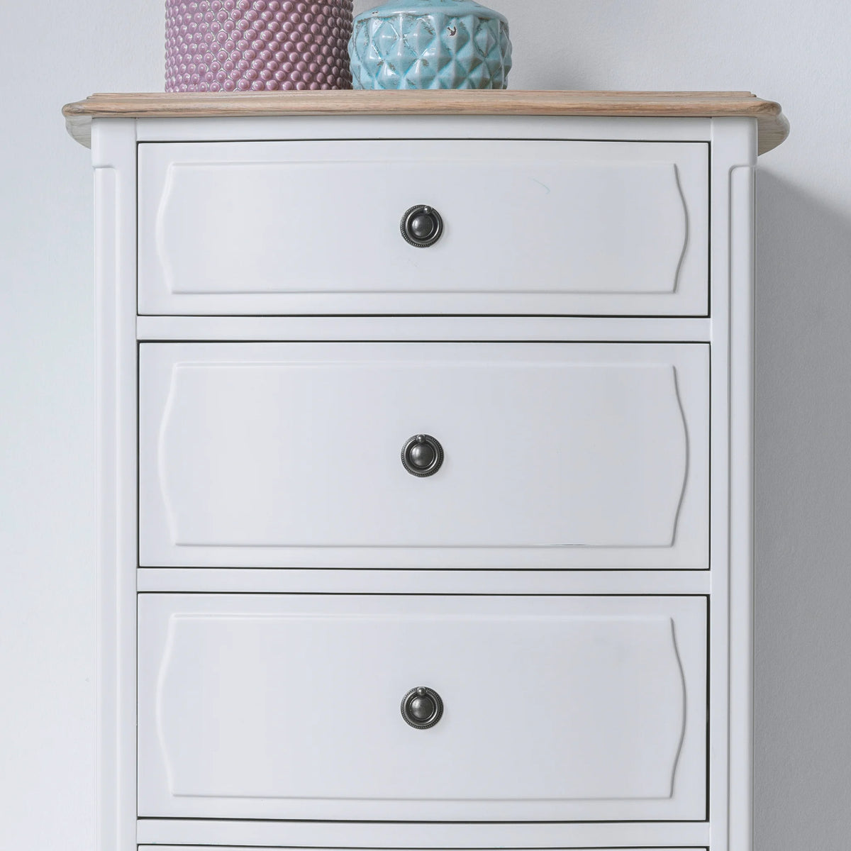 Amelie White Wooden 5-Drawer Tallboy– drawer detail close-up