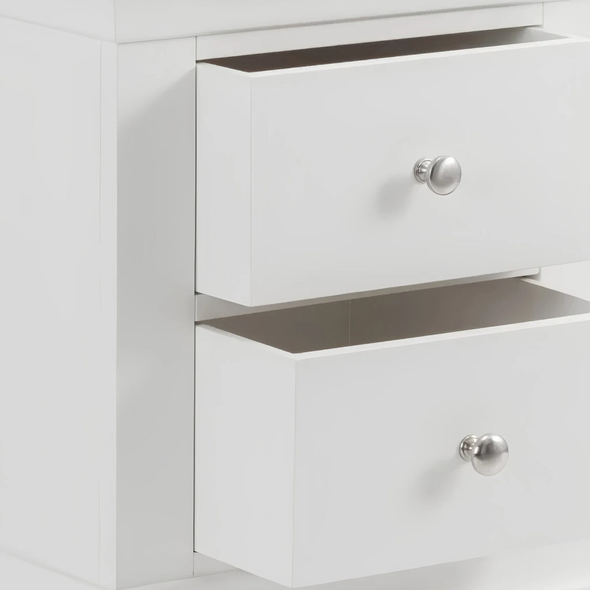 Clermont White Wooden 2-Drawer Bedside Chest – open drawer detail close-up