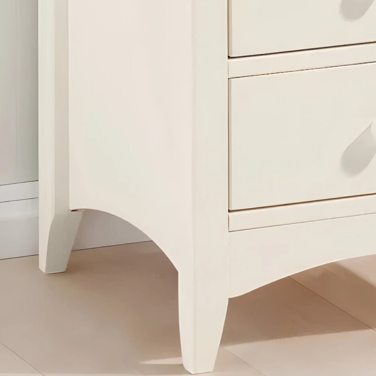 Cameo White 3-Drawer Bedside Chest – leg and lower drawer detail close-up