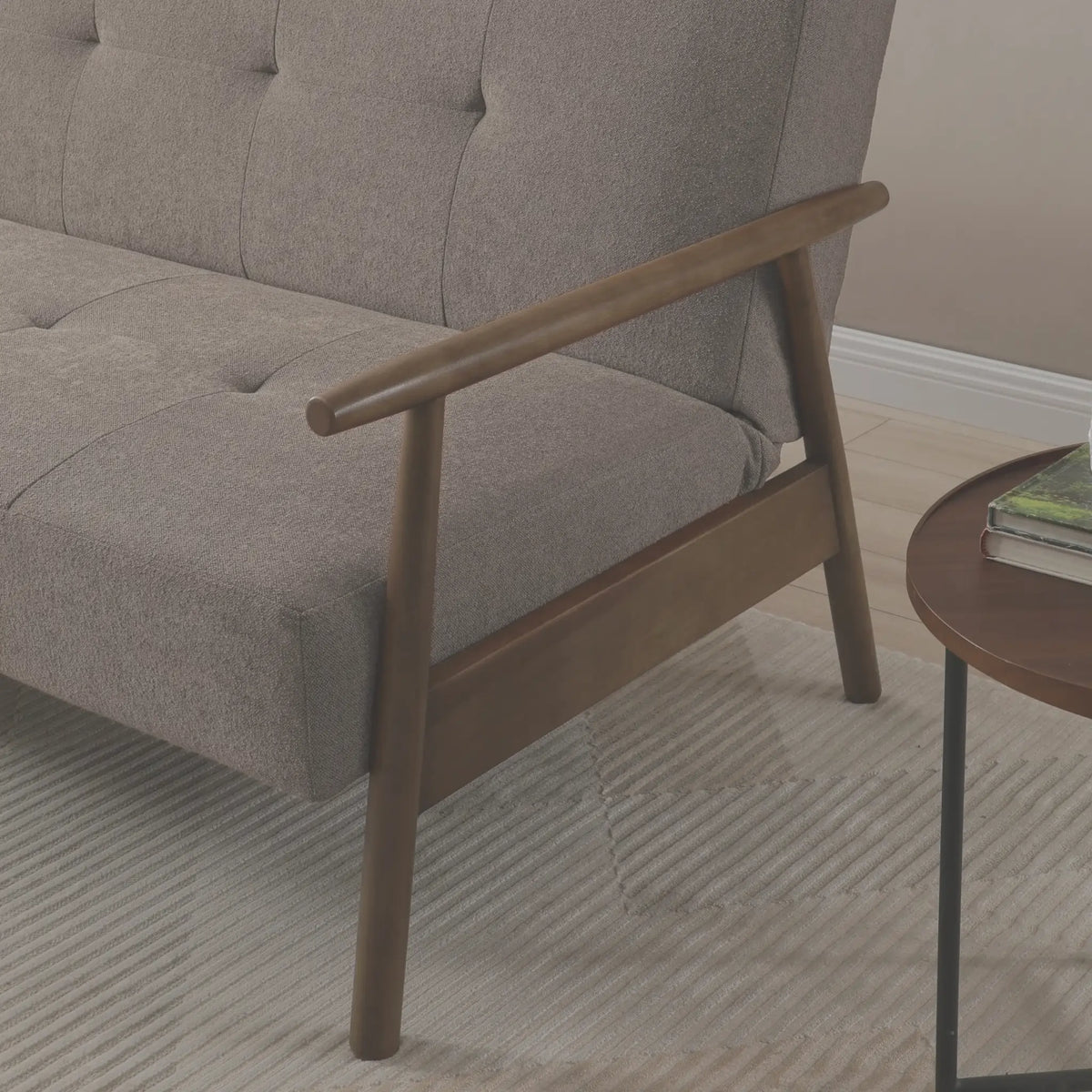 Berkeley Taupe Upholstered Wooden Sofa Bed – armrest and wooden frame detail