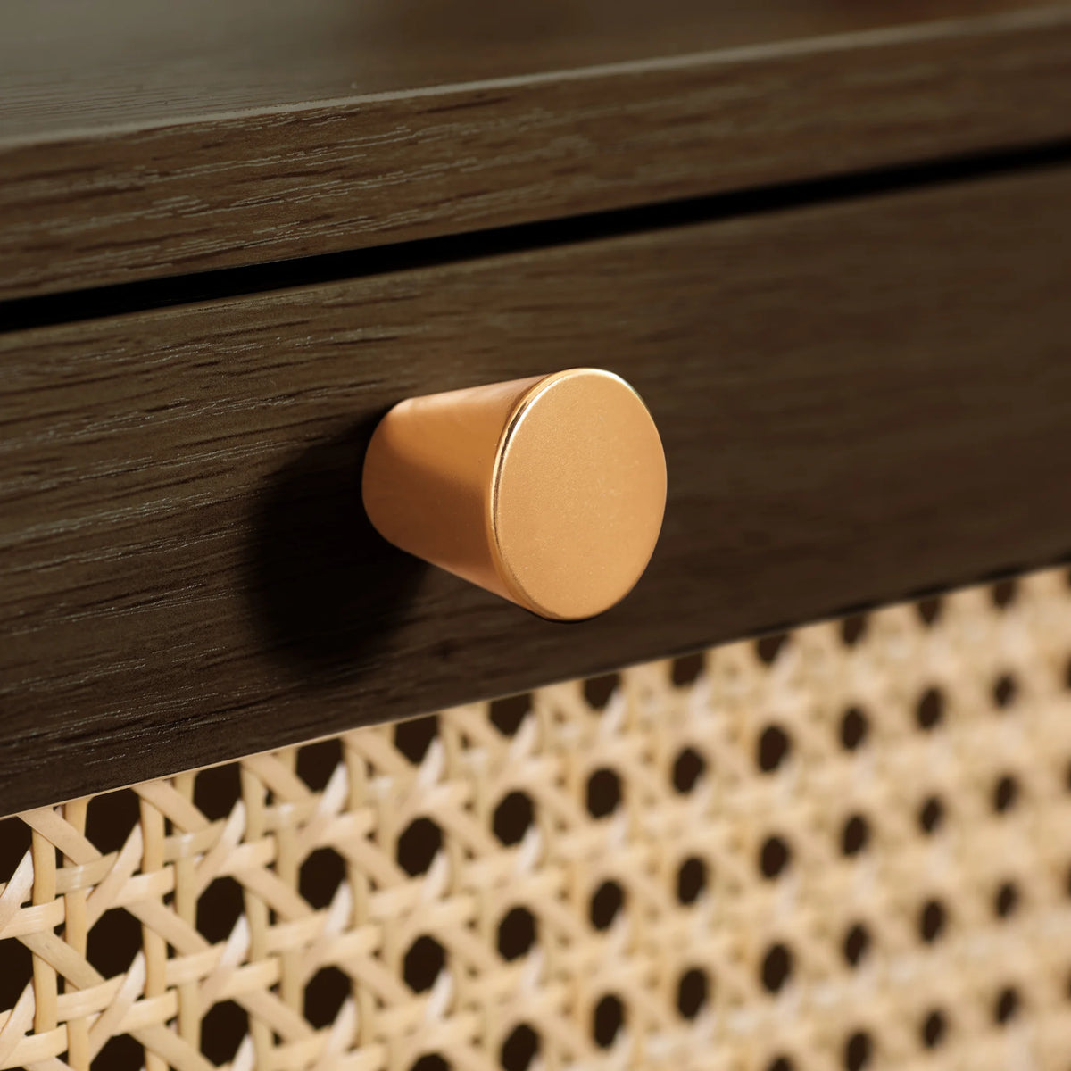 Croxley Walnut Rattan 7-Drawer Chest – drawer handle detail close-up