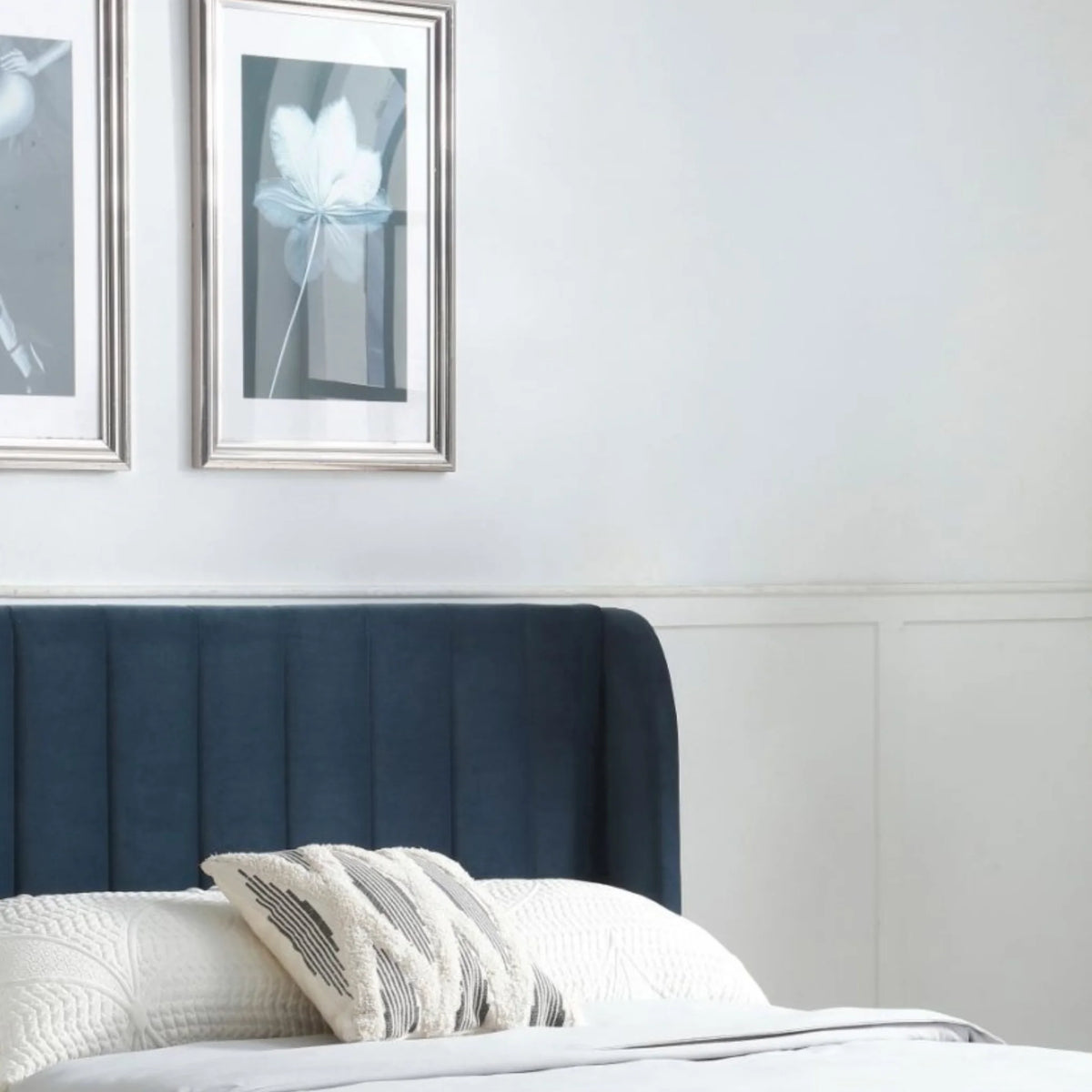 Avery Navy Velvet Bed – front angled view