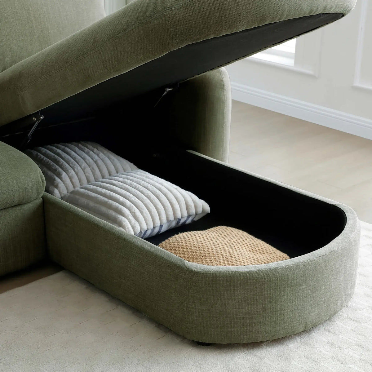 Mallory Olive Corner Sofa Bed – internal storage compartment detail