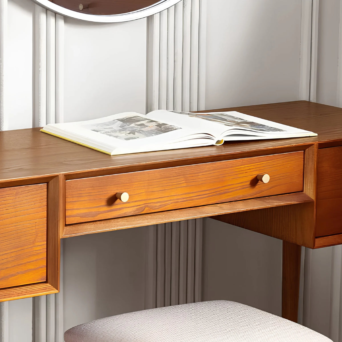 Lowry Cherry Ash 3-Drawer Dressing Table and Stool – center drawer detail close-up