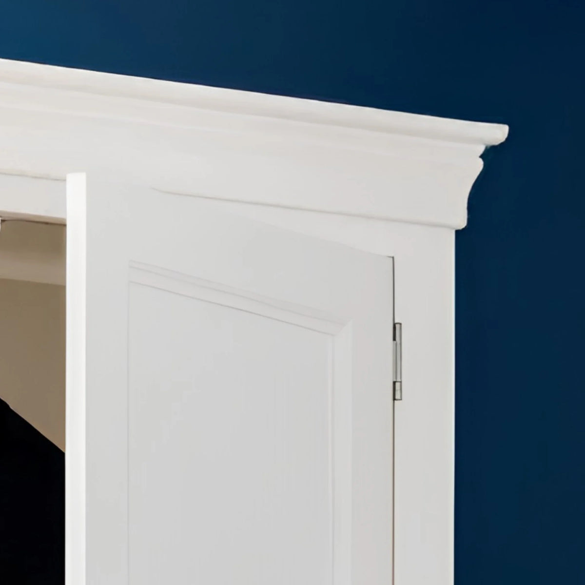 Clermont White Wooden 2-Door Combination Wardrobe – top corner and door detail close-up