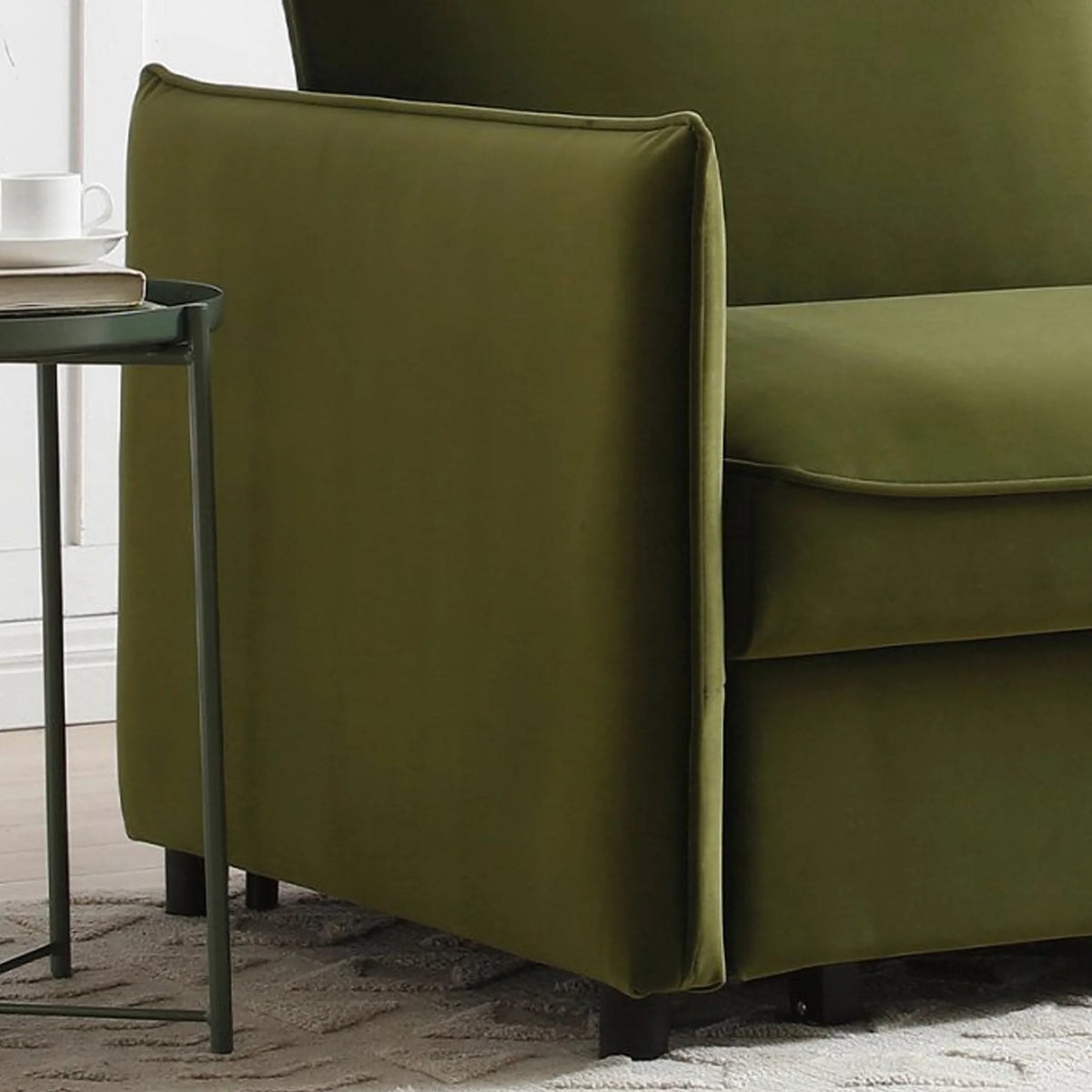 Blaire Olive Velvet Sofa Bed – armrest and upholstery detail