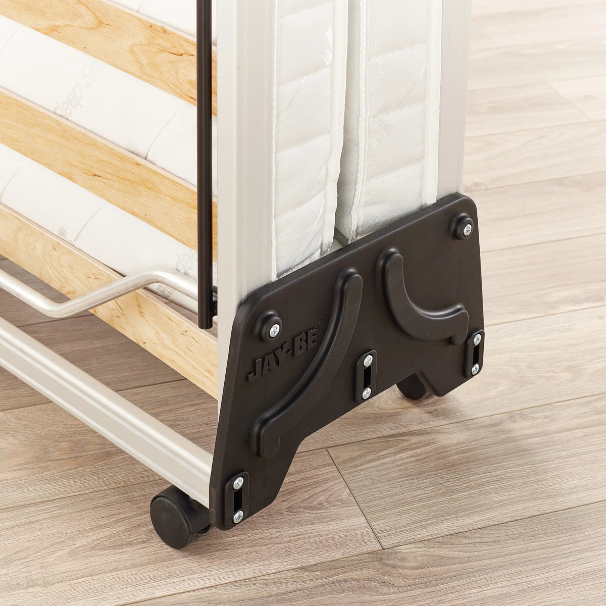 J-Bed with Pocket Sprung Mattress – base and castor detail close-up