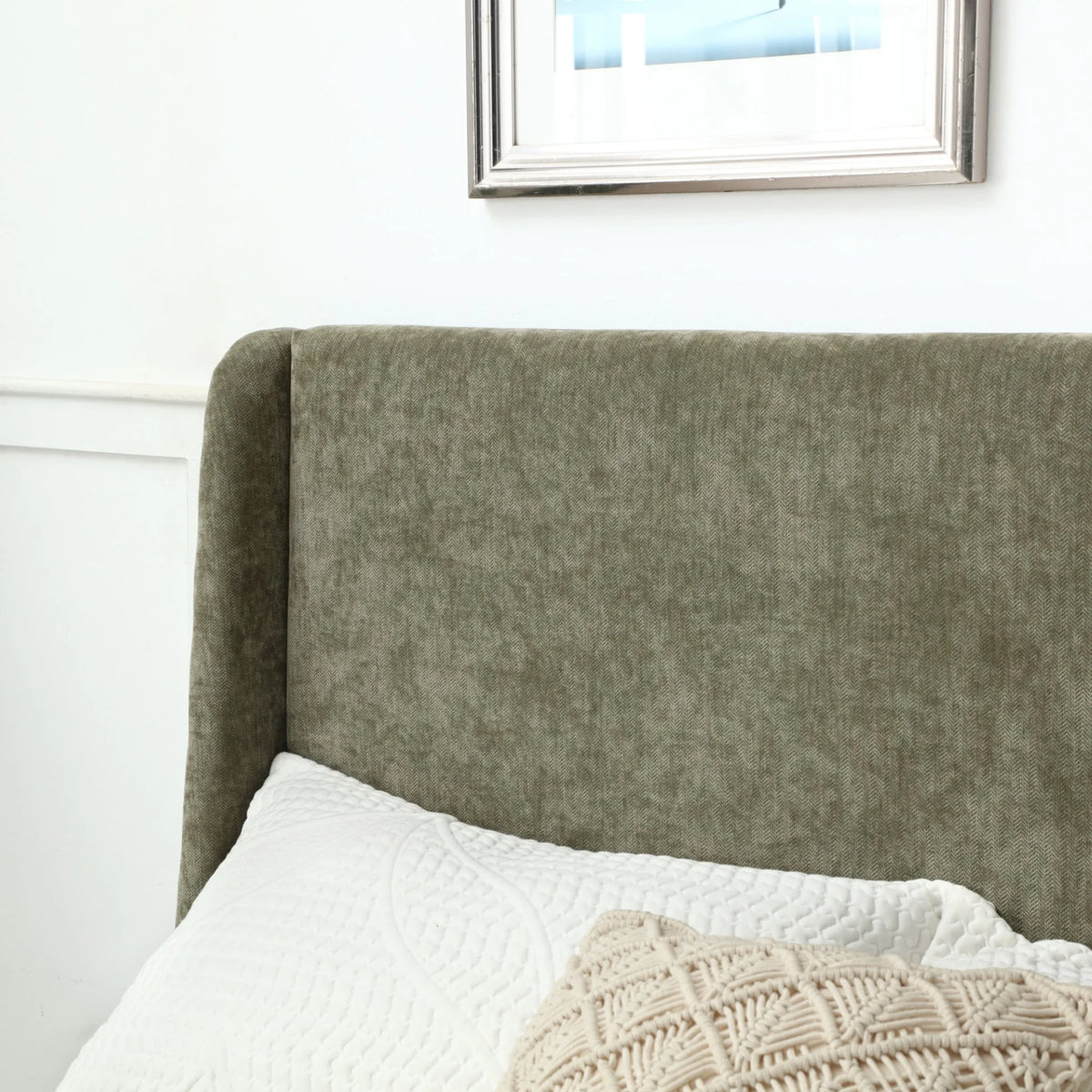 Denver Olive Chenille Bed–headboard corner detail showing fabric texture and design