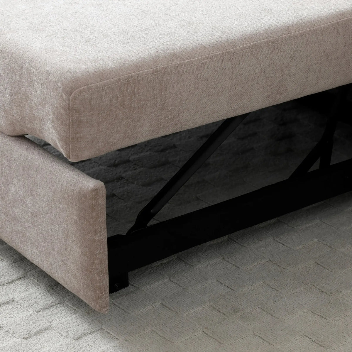 Beckett Taupe Chenille Sofa Bed – close-up of pull-out sleeper mechanism detail