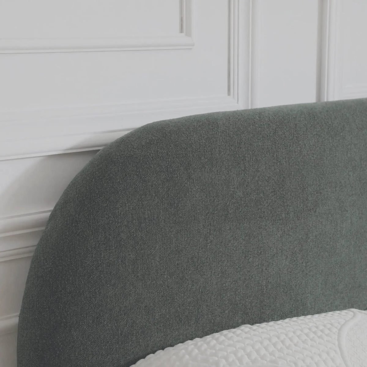 Nora Olive Bouclé Bed – headboard and upholstery texture detail