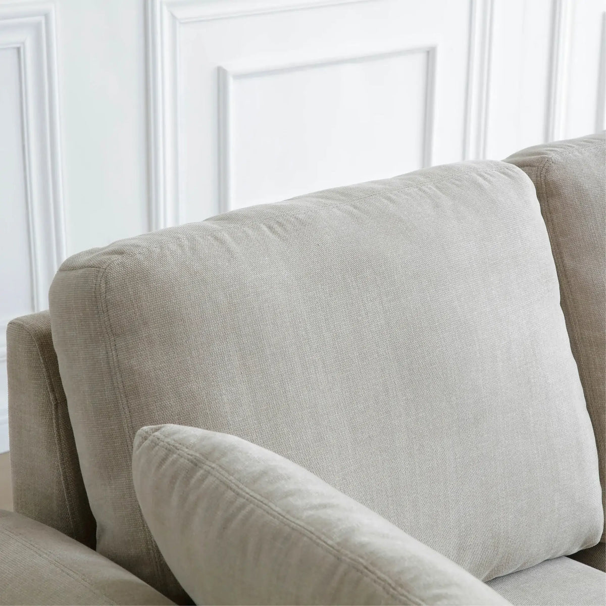 Mallory Taupe Corner Sofa Bed – close-up of textured fabric and cushion detail