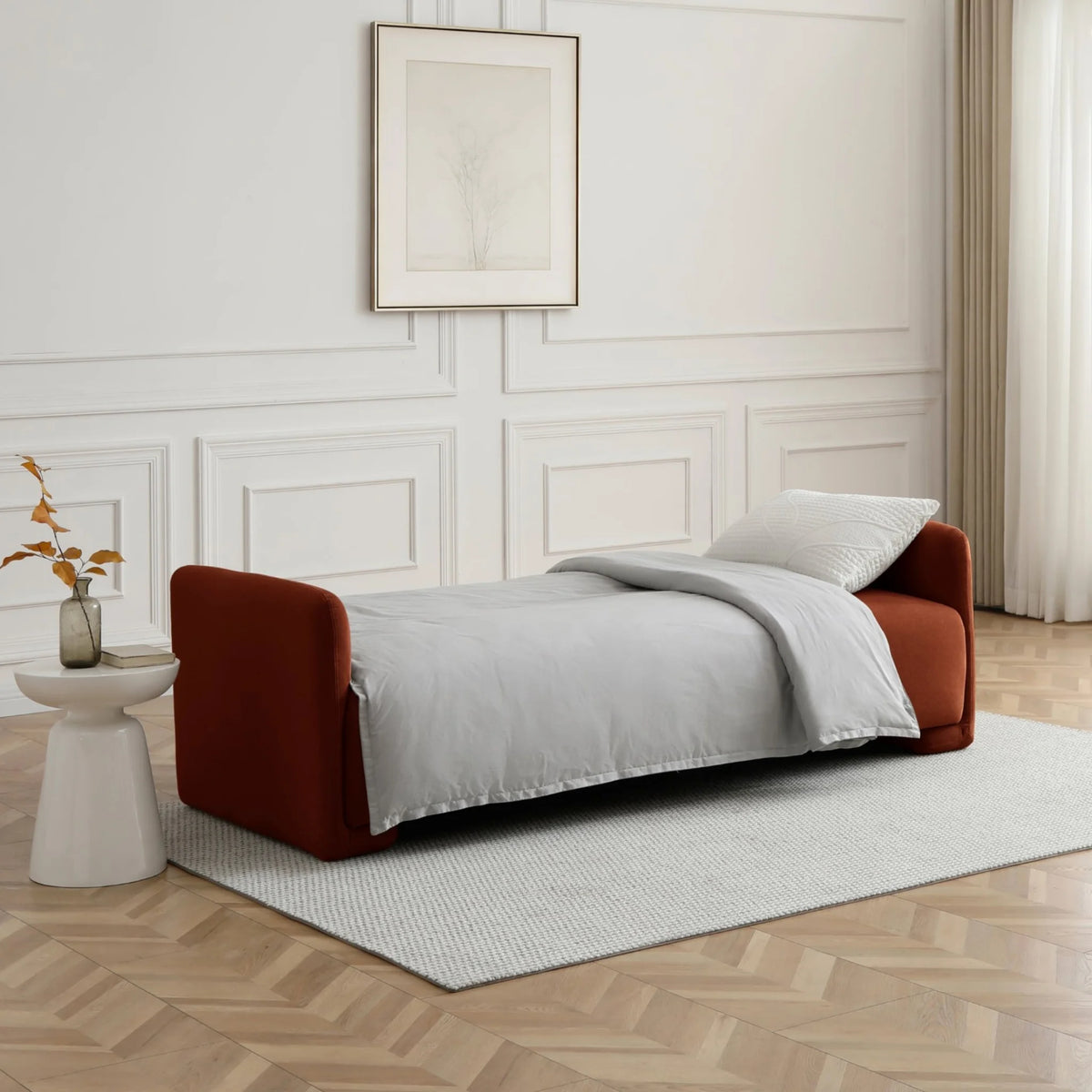 Murphy Orange Velvet Sofa Bed – extended as a bed