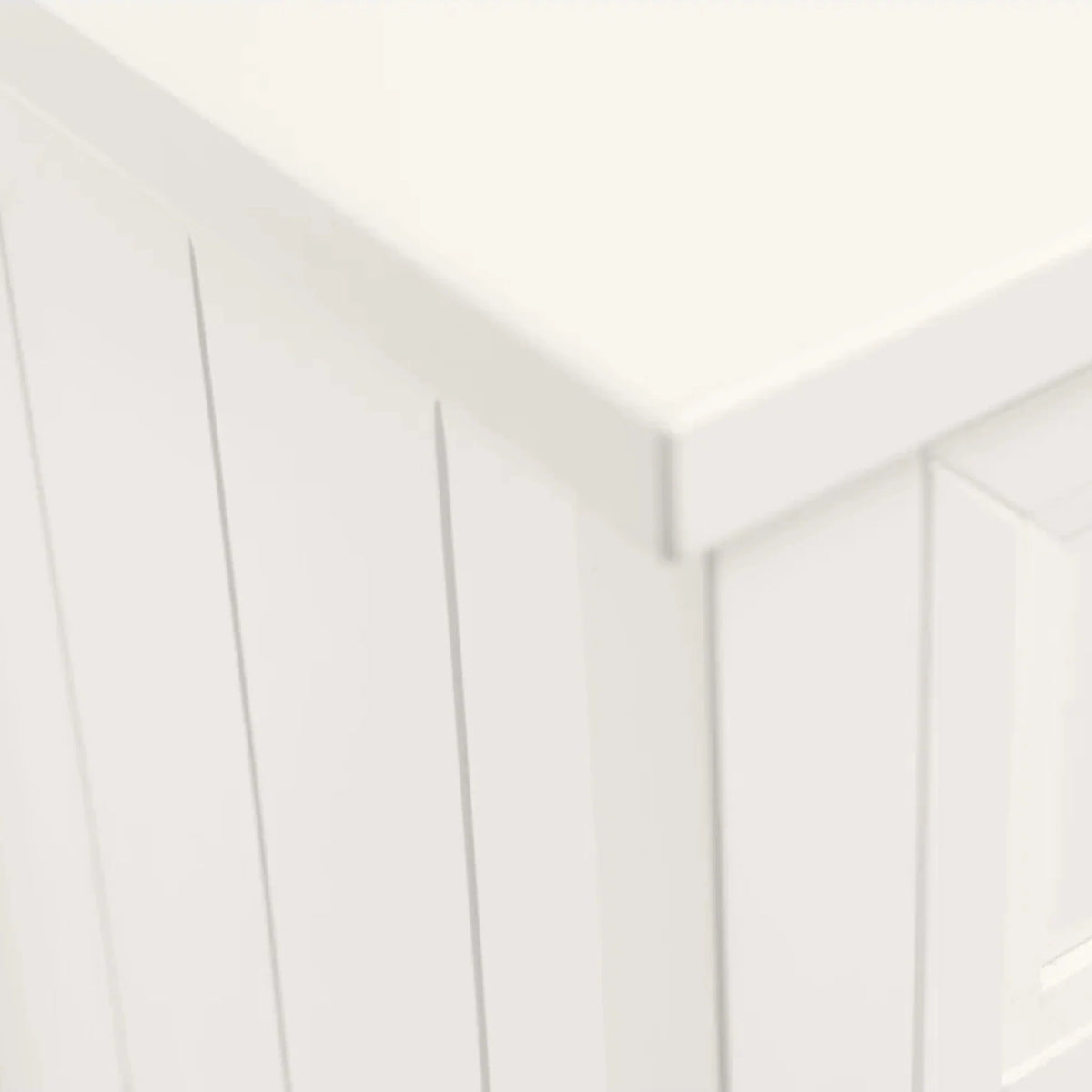 Maine White Wooden 3-Drawer Bedside Chest – top and panelled side detail close-up