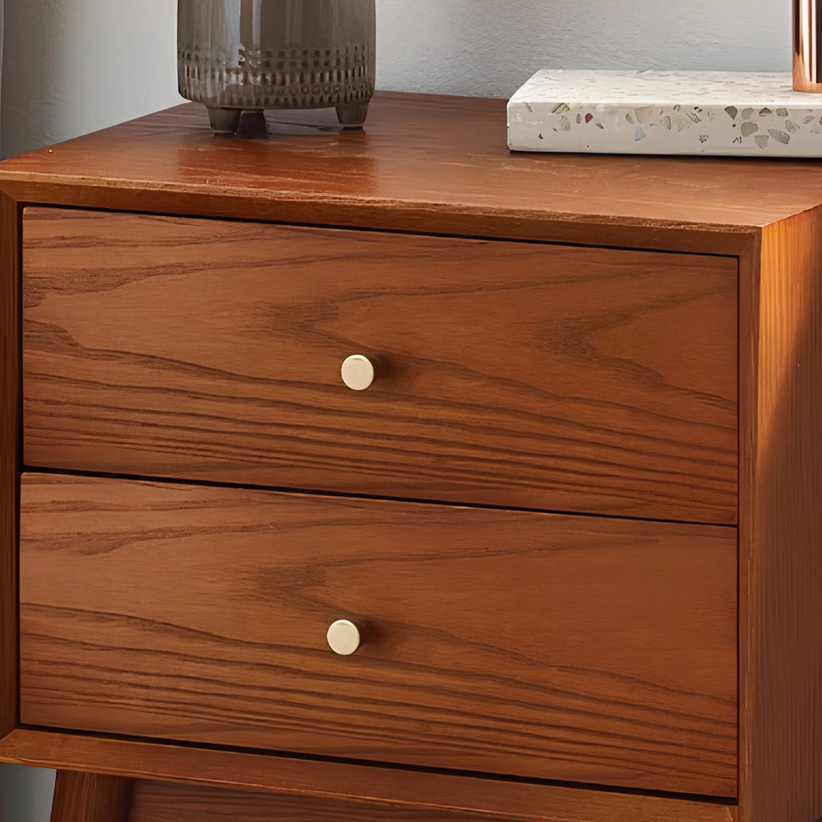 Lowry Cherry Ash 2-Drawer Bedside Table – drawer and handle detail close-up