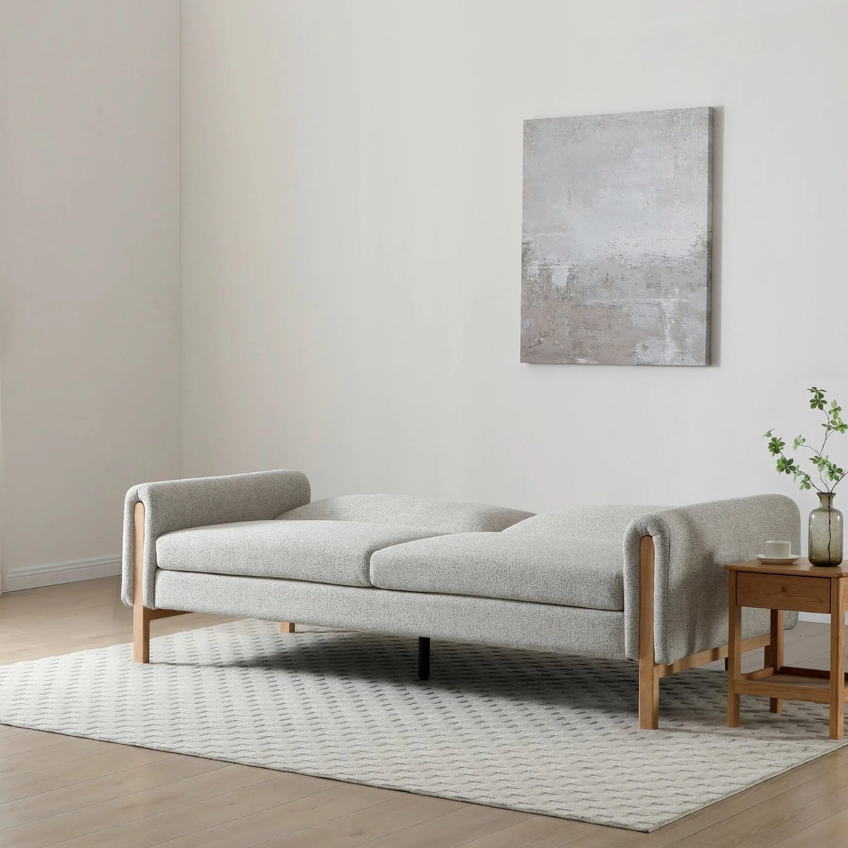 Thea Oatmeal Upholstered Wood Sofa Bed – extended sleeper configuration view