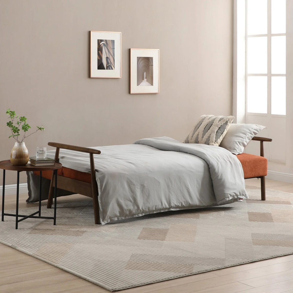 Berkeley Orange Upholstered Wooden Sofa Bed – extended sleeper configuration view