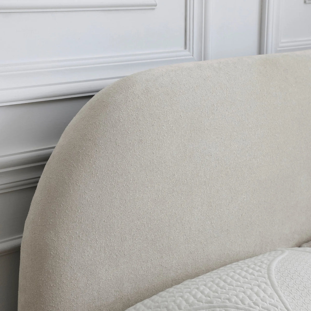 Nora Oatmeal Boucle Bed – close-up of upholstered headboard
