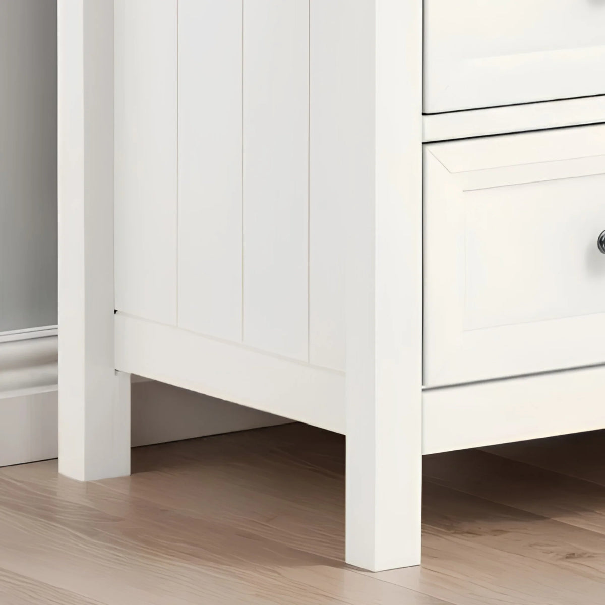 Maine White Wooden 3-Drawer Chest – bottom corner close-up 
