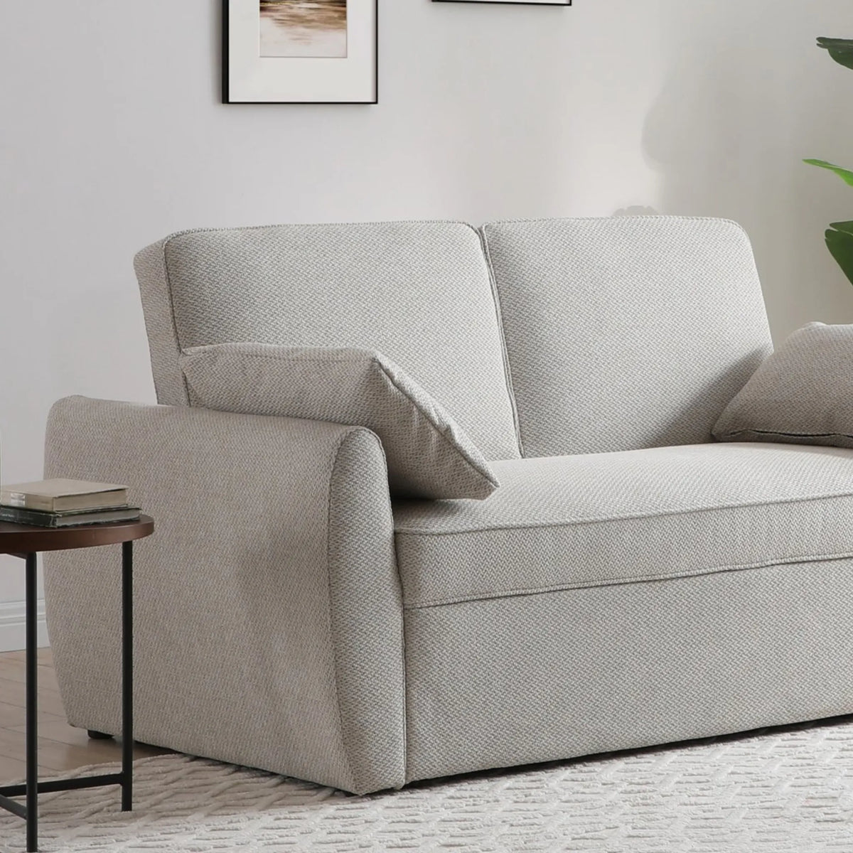 Clarke Oatmeal Sofa Bed – close-up of upholstered fabric and side profile