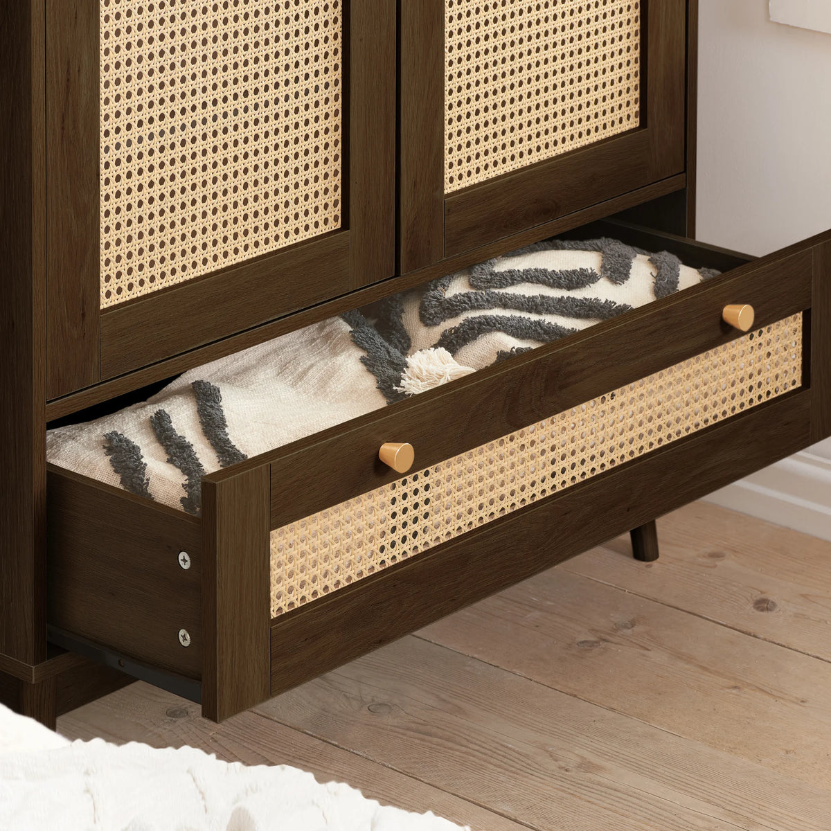 Croxley Walnut Rattan 2-Drawer Combination Wardrobe – open drawer detail close-up